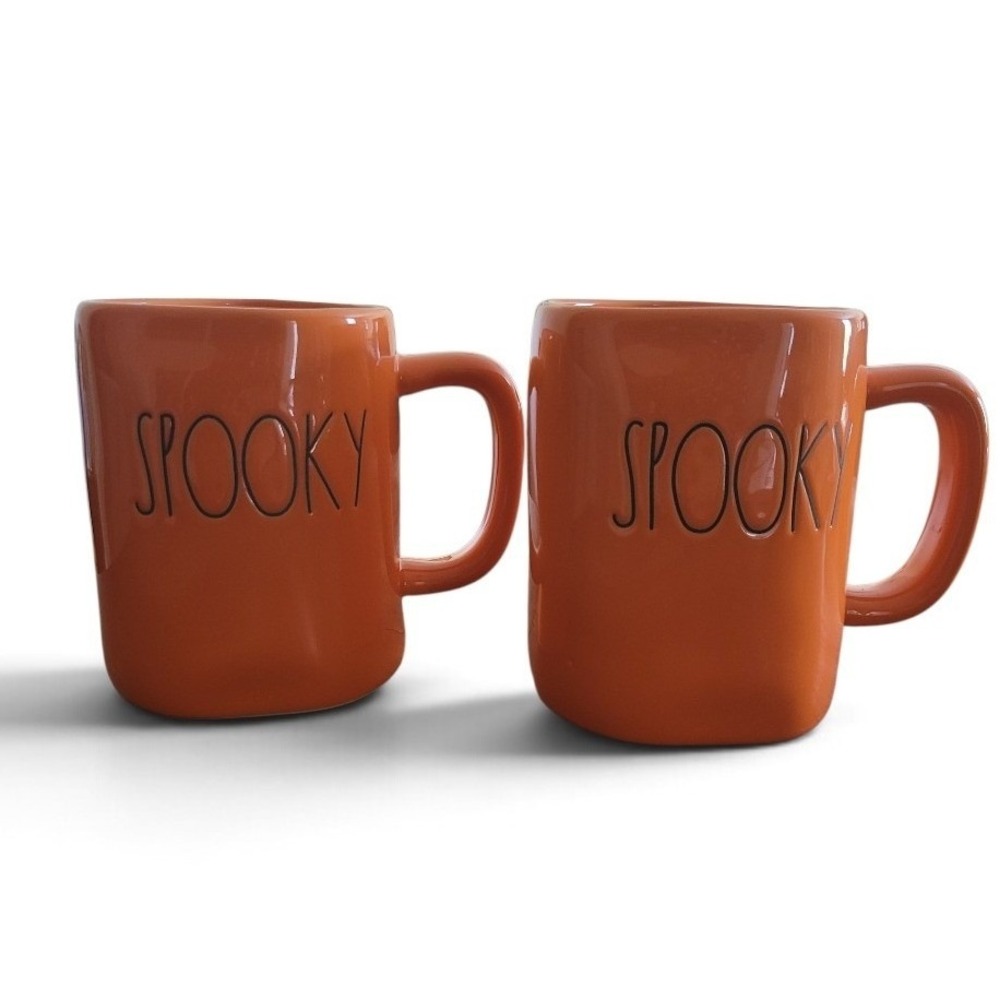 Rae Dunn Spooky Halloween Orange Ceramic Coffee Mugs Set 2 16 oz Artisan Magenta